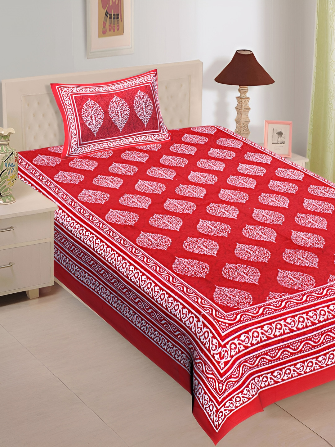 UNIBLISS Red Ethnic Motifs Cotton 144 TC Single Bedsheet with a Pillow Cover-220 x 150 cm