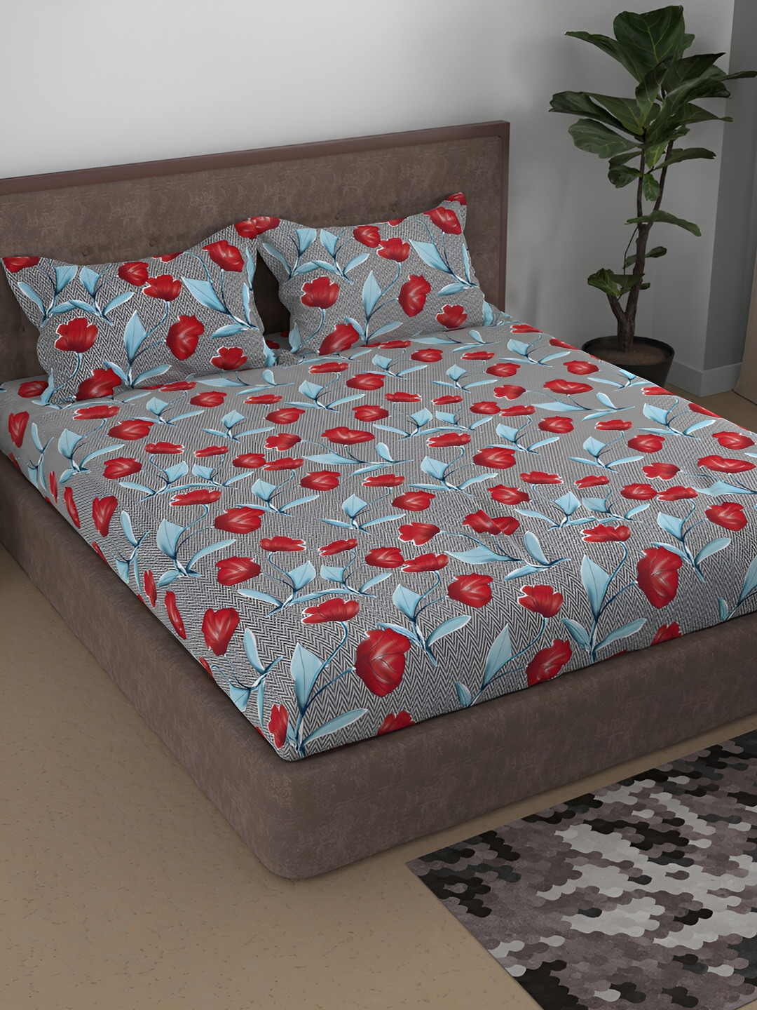Aura Red Floral Cotton 180 TC Double Fine Bedsheet with 2 Pillow Covers-88 x 96 inches