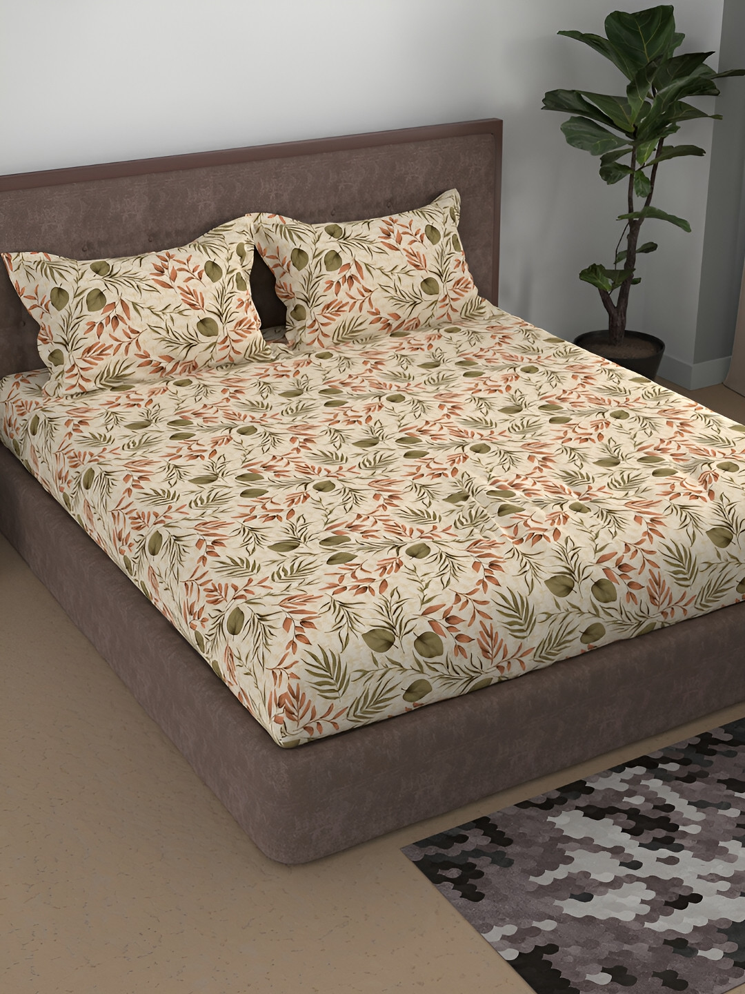 Aura Green & Brown Floral Printed Cotton 180 TC Queen Bedsheet With 2 Pillow Covers