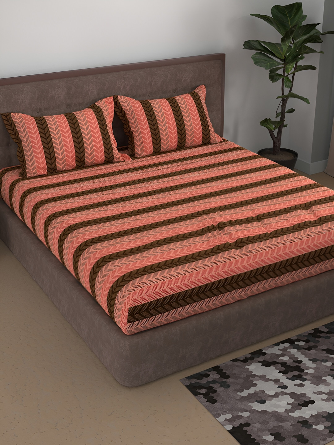 Aura Royal Passion Peach Striped Cotton 180 TC Queen Fine Bedsheet with 2 Pillow Covers-88 x 96 inches