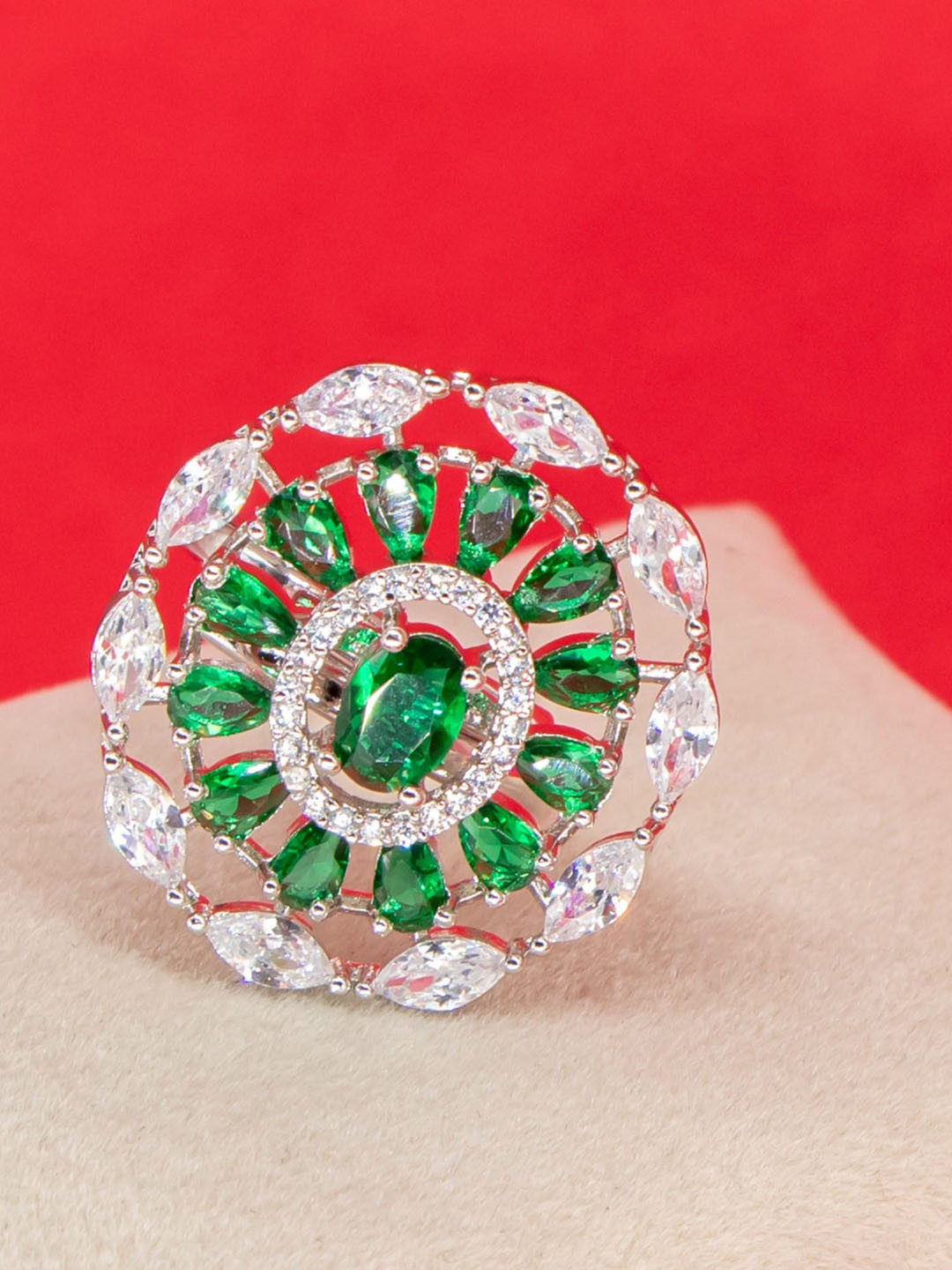 Manikya Rhodium Plated Cubic Zirconia Studded Finger Ring