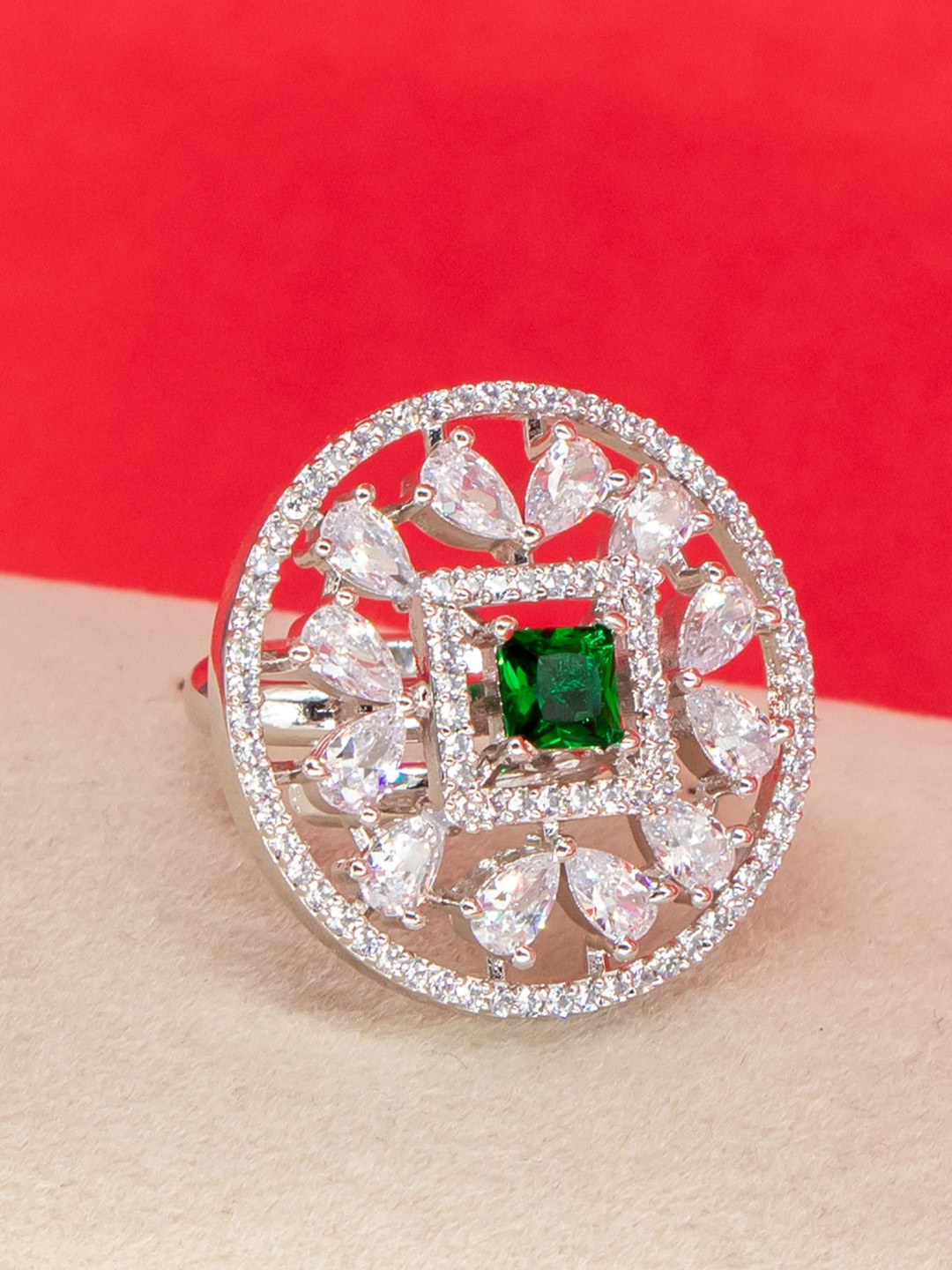 Manikya Rhodium Plated Cubic Zirconia Studded Finger Ring
