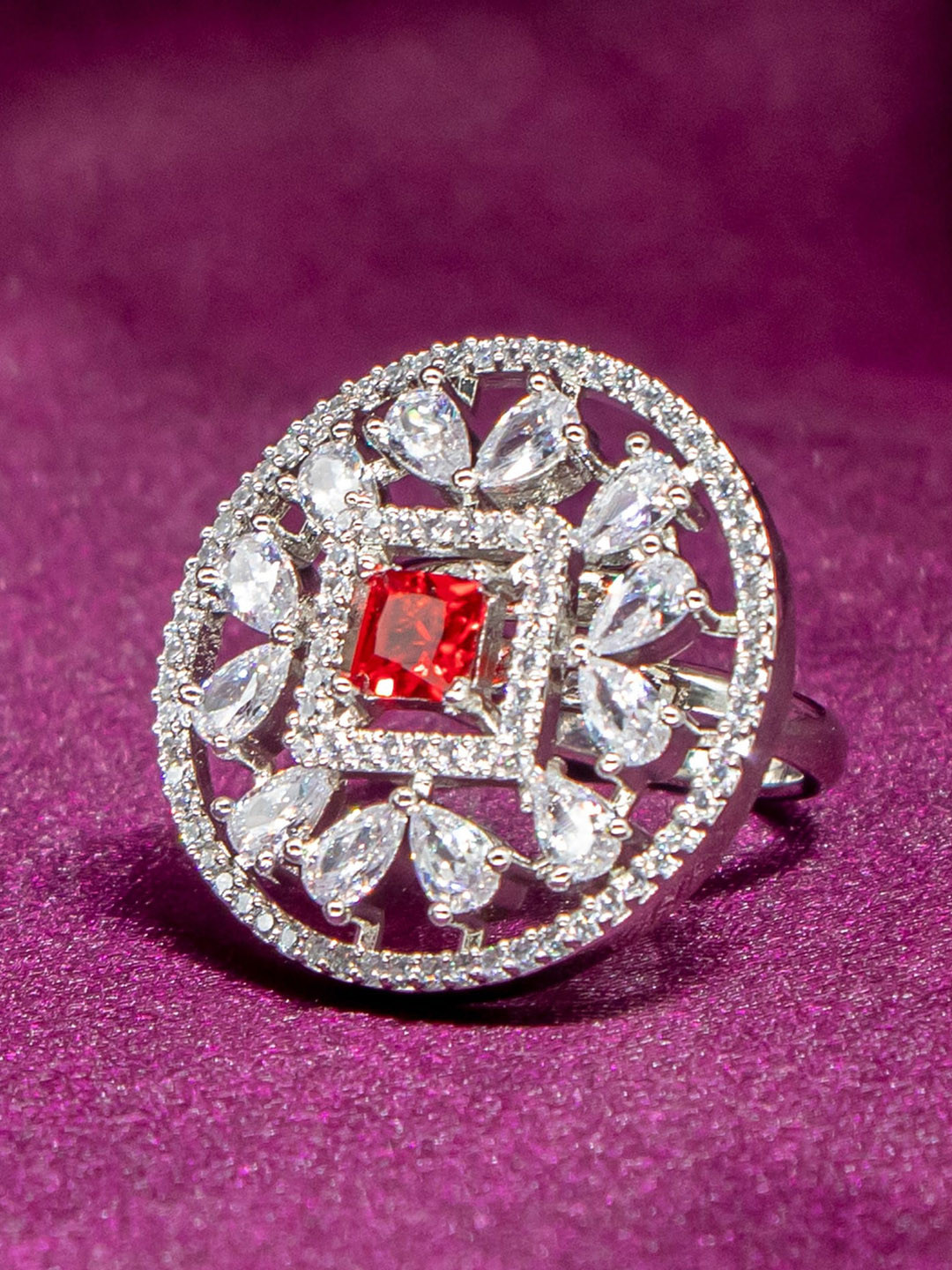 Manikya Rhodium-Plated Cubic Zirconia-Studded Finger Ring