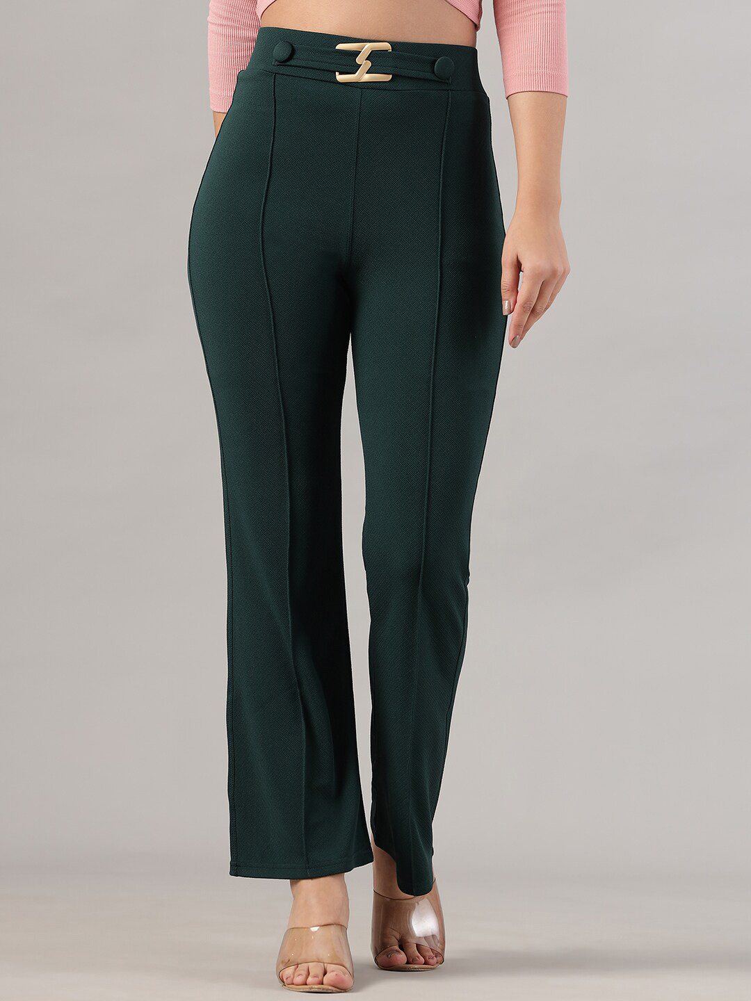 FITHUB Women Mid-Rise Easy Wash Cotton Bootcut Trousers