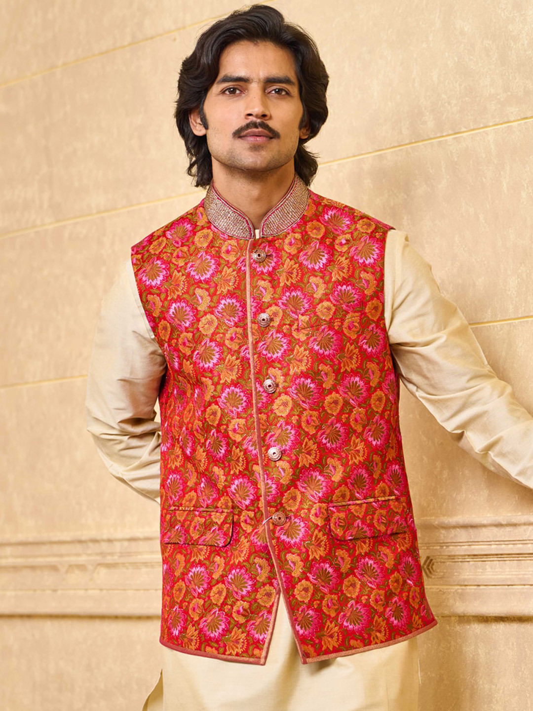 Tasva Mandarin Collar Long Sleeves Brocade Kurta & Churidar With Nehru jacket