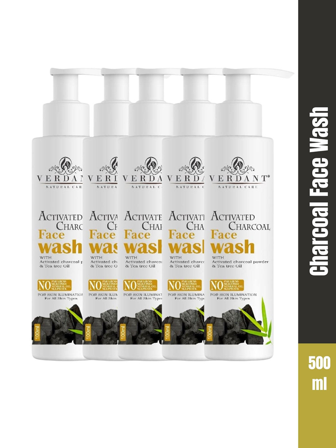 Verdant Natural Care Set Of 5 Activated Charcoal Face Wash For Anti-Pollution - 100ml Each