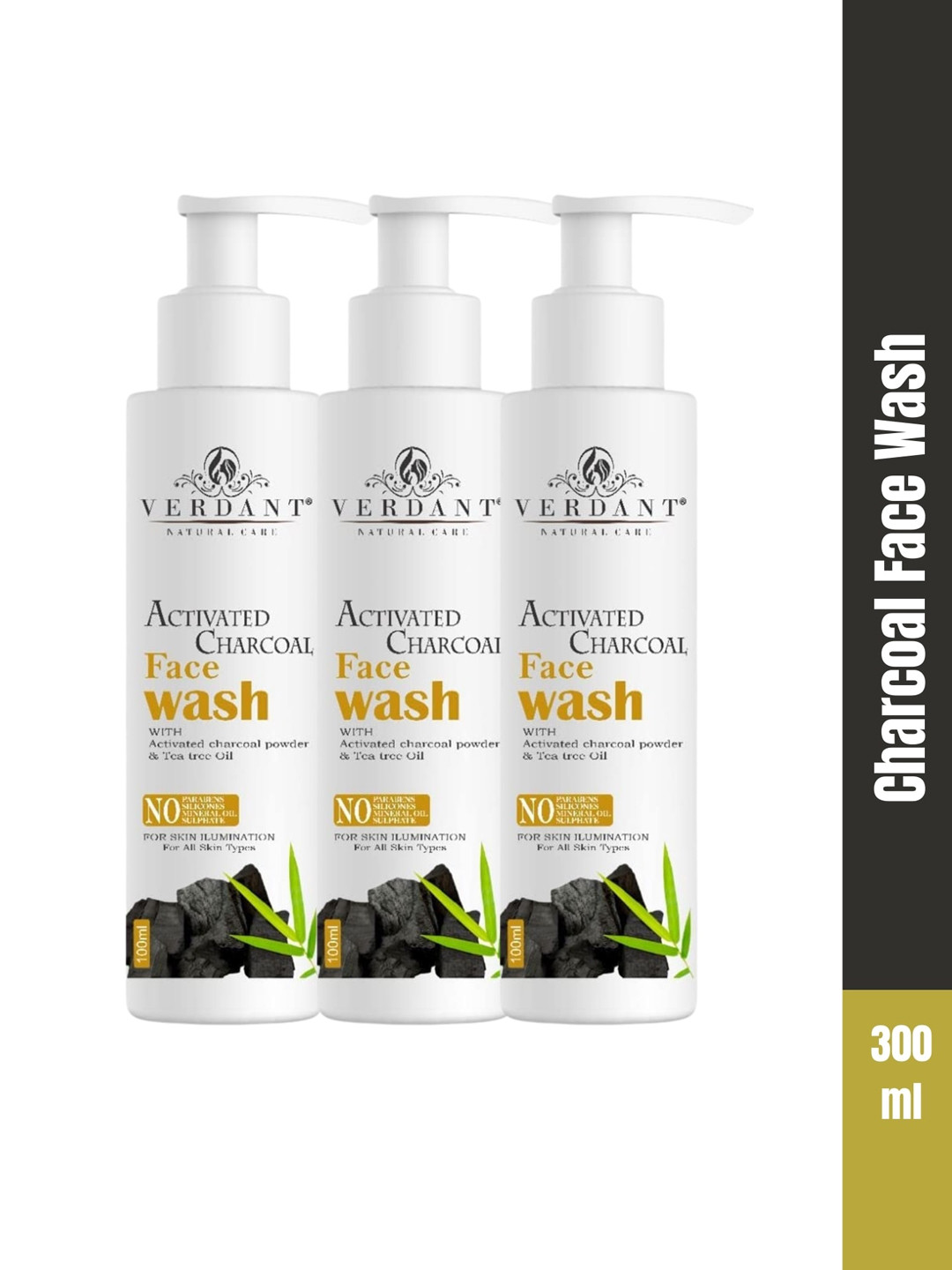 Verdant Natural Care 3-Pcs Activated Charcoal Face Wash For Anti-Pollution - 100ml Each