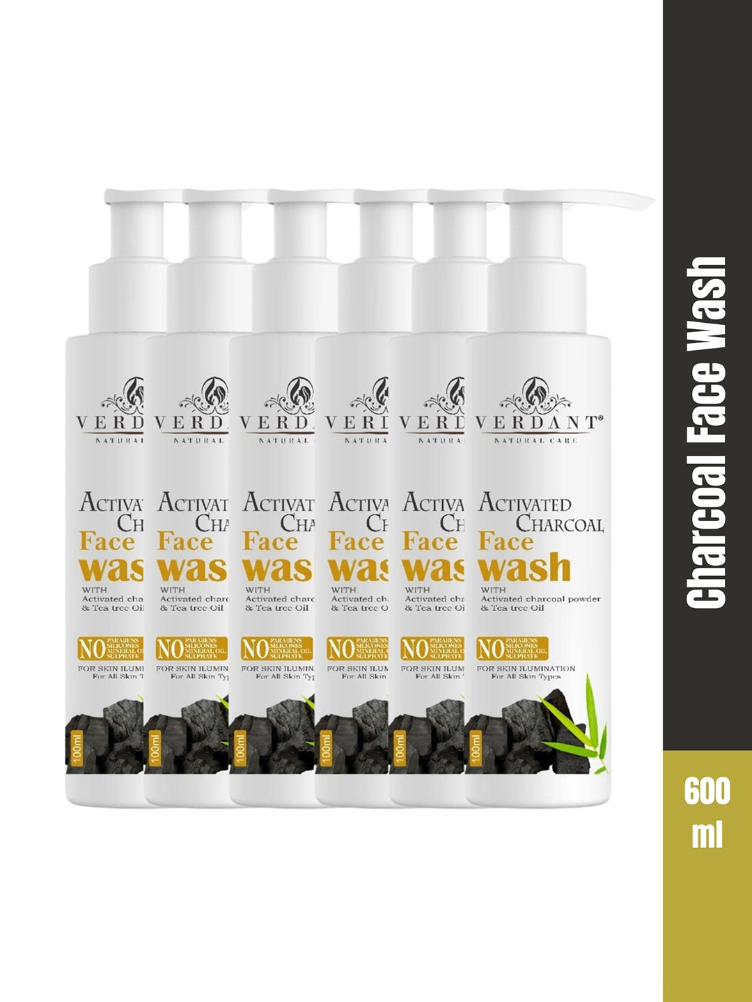 Verdant Natural Care Set Of 6 Activated Charcoal Face Wash For Anti-Pollution - 100ml Each