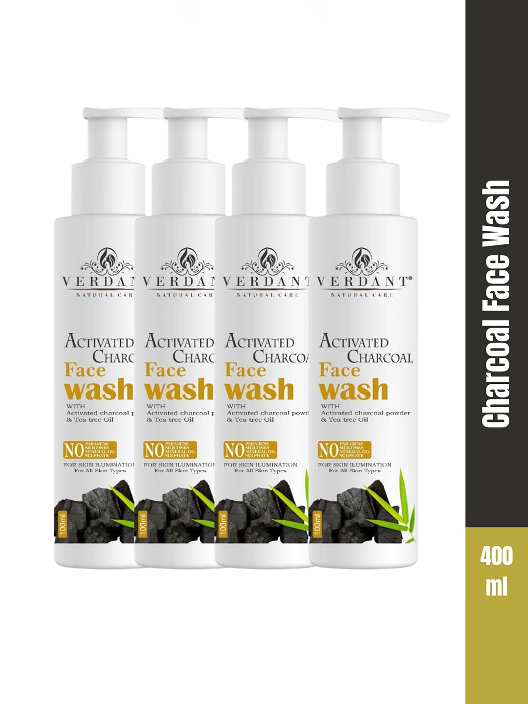 Verdant Natural Care 4-Pcs Activated Charcoal Face Wash For Anti -Pollution - 100ml Each
