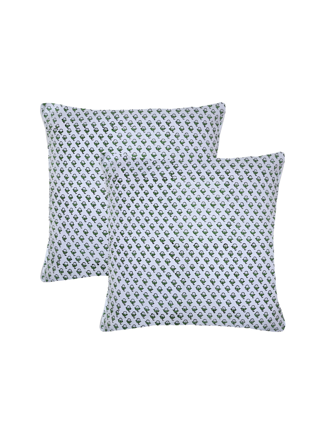 RRC Block Print Green Floral Cotton Breathable 2 Piece Square Cushion Covers -24x24In