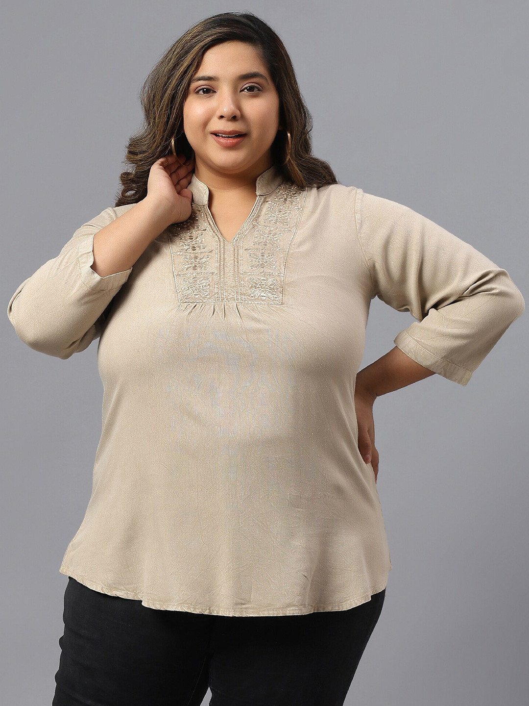 SAAKAA Plus Size Floral Embroidery Mandarin Collar Cotton Regular Top