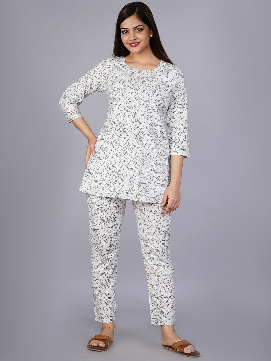 ANJAYA  Geometric Printed Regular Notched Neck Straight Kurti with Trousers