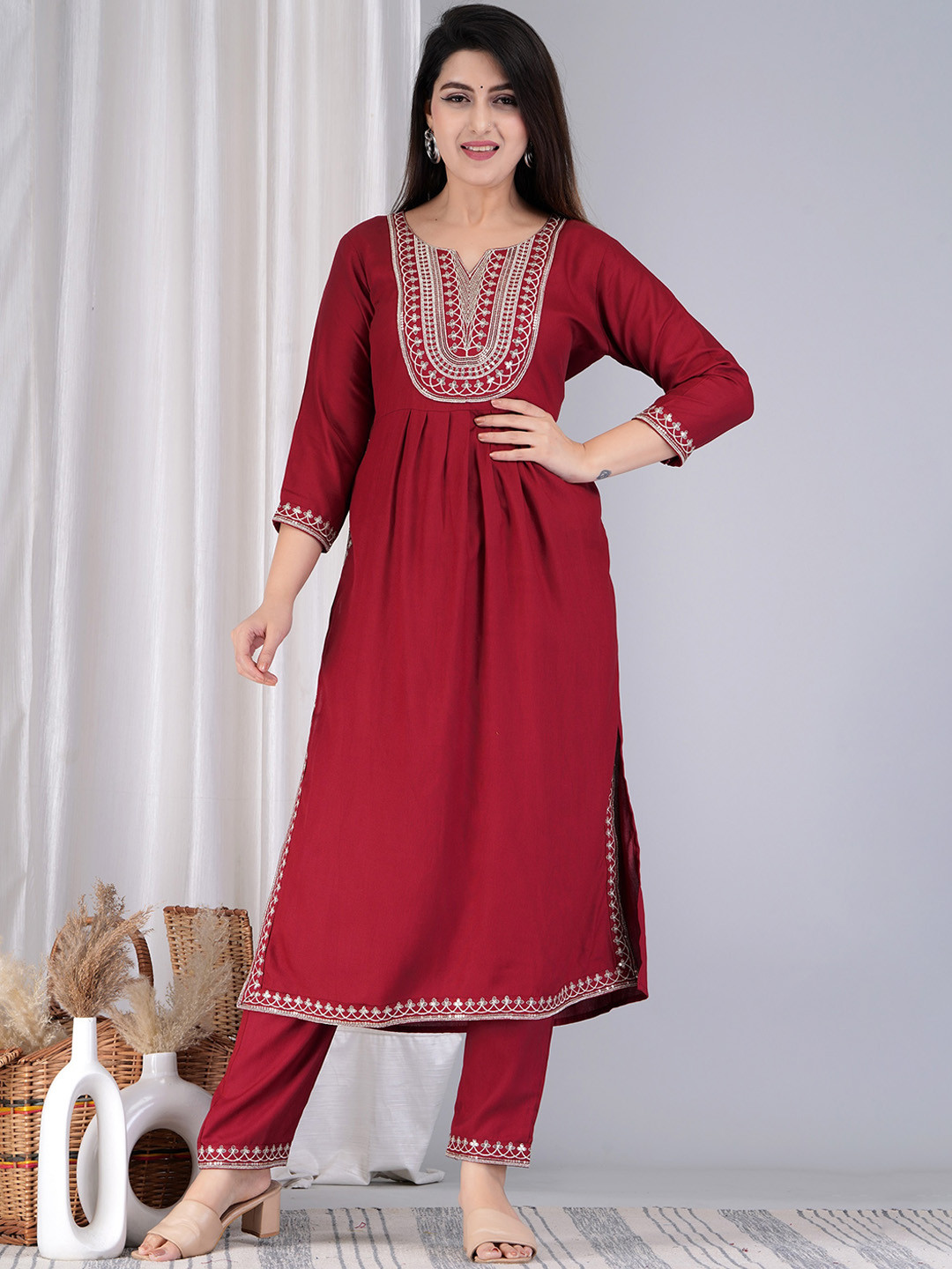 ANJAYA Ethnic Motifs Embroidered Regular Straight Kurta with Trousers