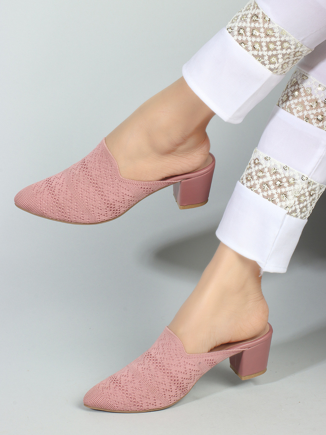Denill Textured Pointed Toe Mesh Block Heeled Mules