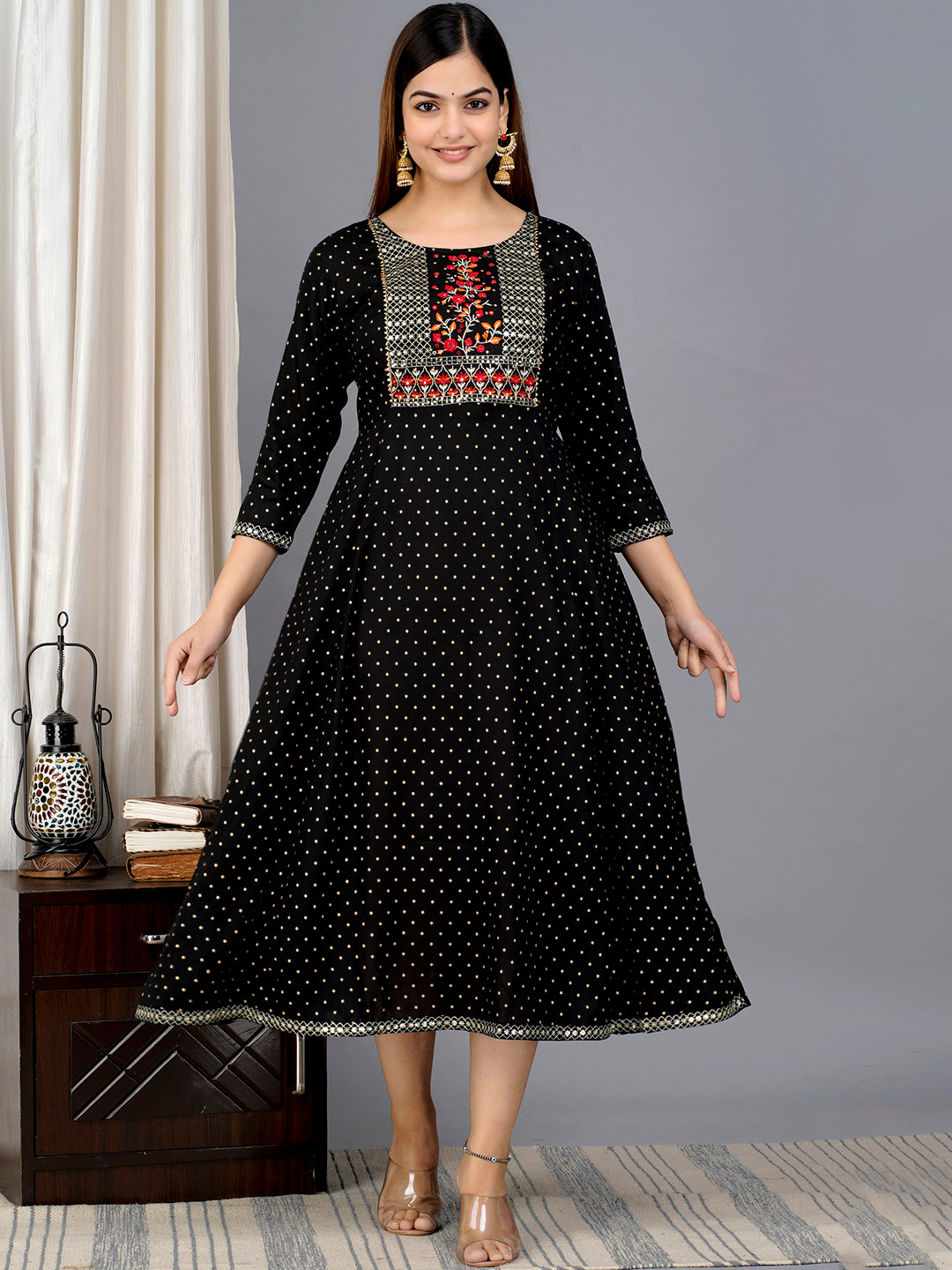ANJAYA Geometric Printed Sequinned Fit and Flare Midi Ethnic Dress