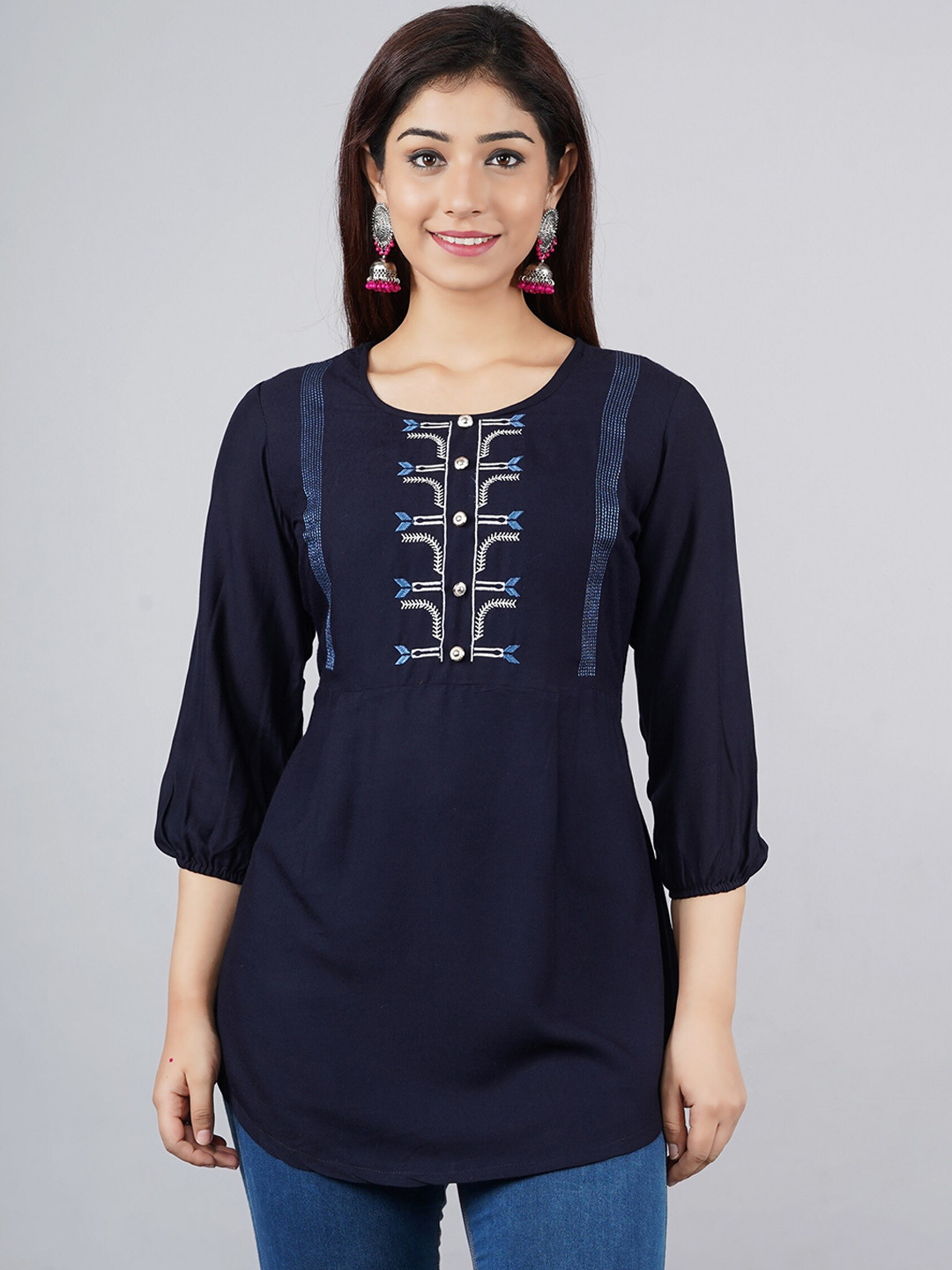 ANJAYA Geometric Embroidered Tie Up Neck Longline A-Line Kurti