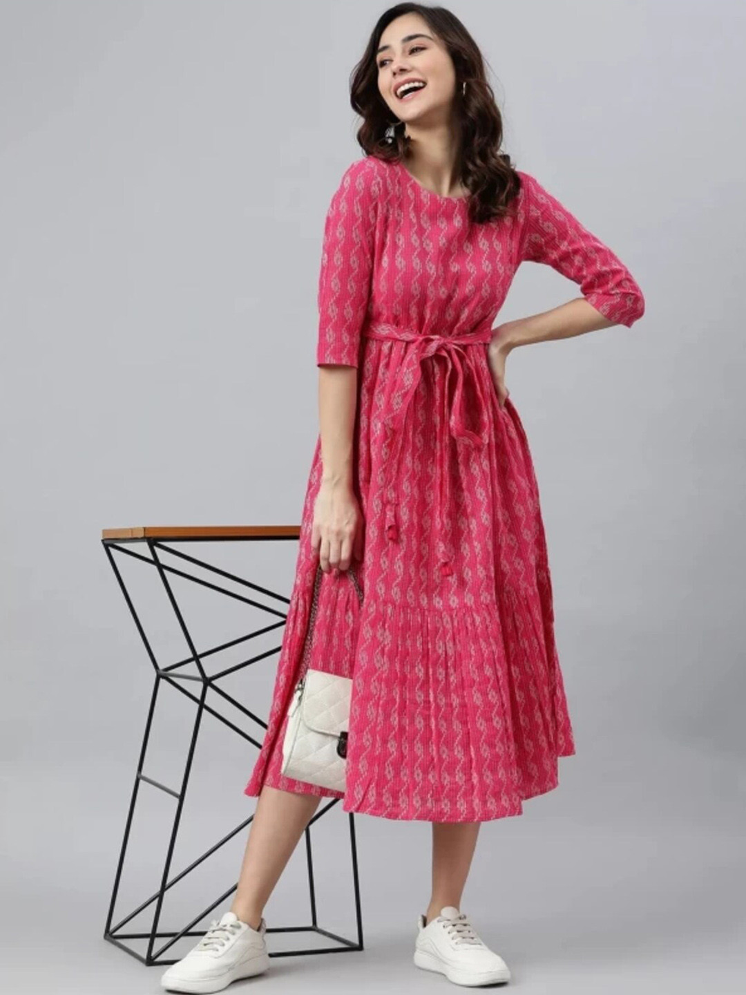 ANJAYA Geometric Printed Tiered Fit & Flare Midi Dress