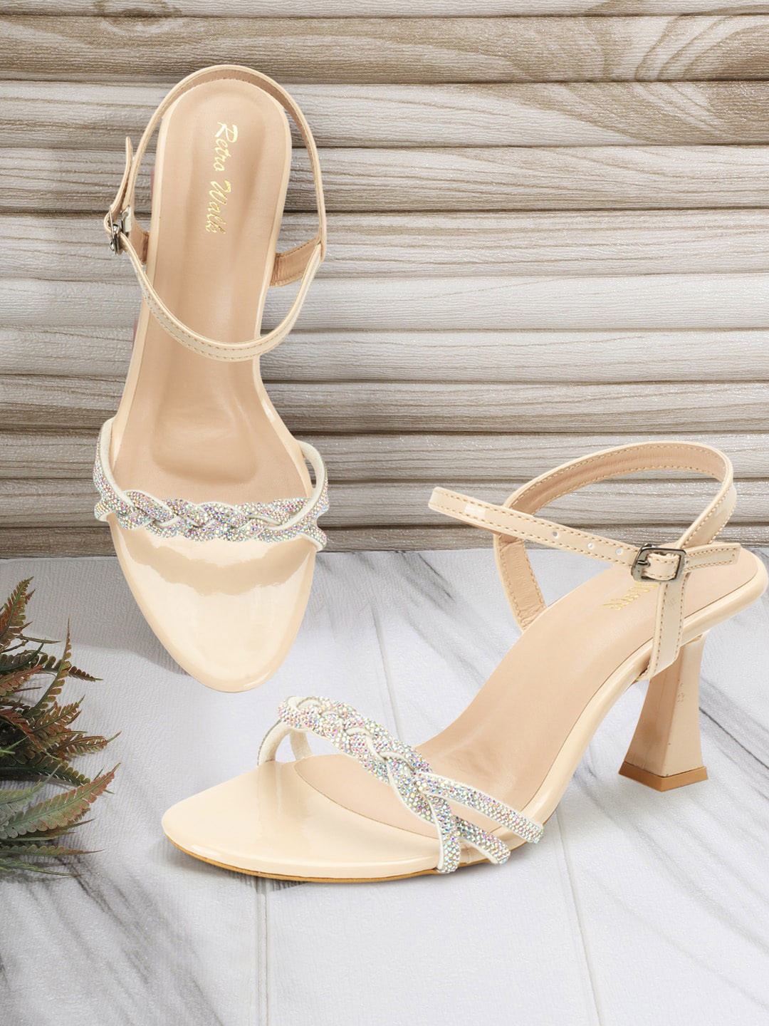 Retro Walk Embellished Ope Toe Block Heels