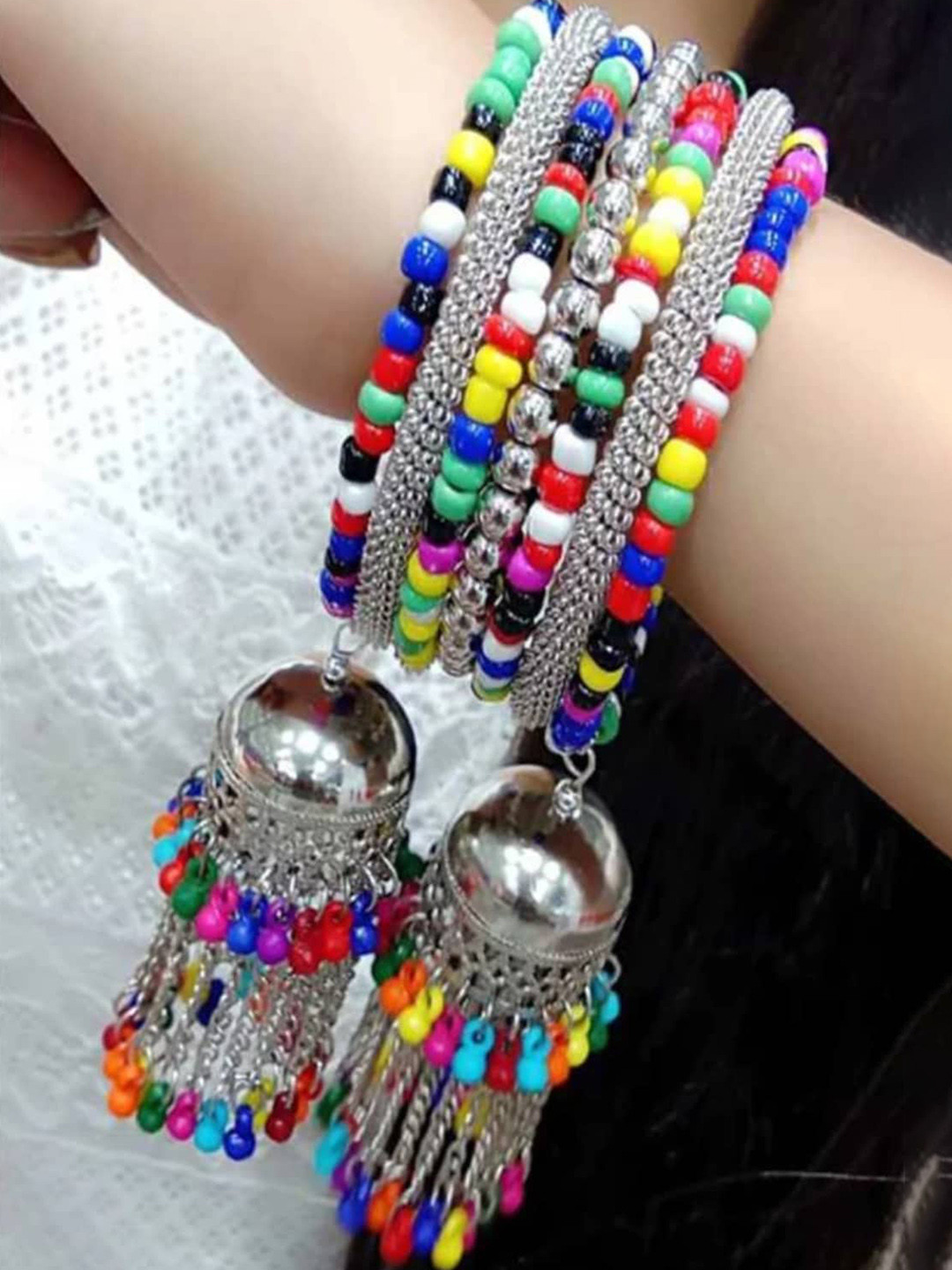 PRASUB Set Of 7 Silver-Plated Beaded Jhumki Bangles