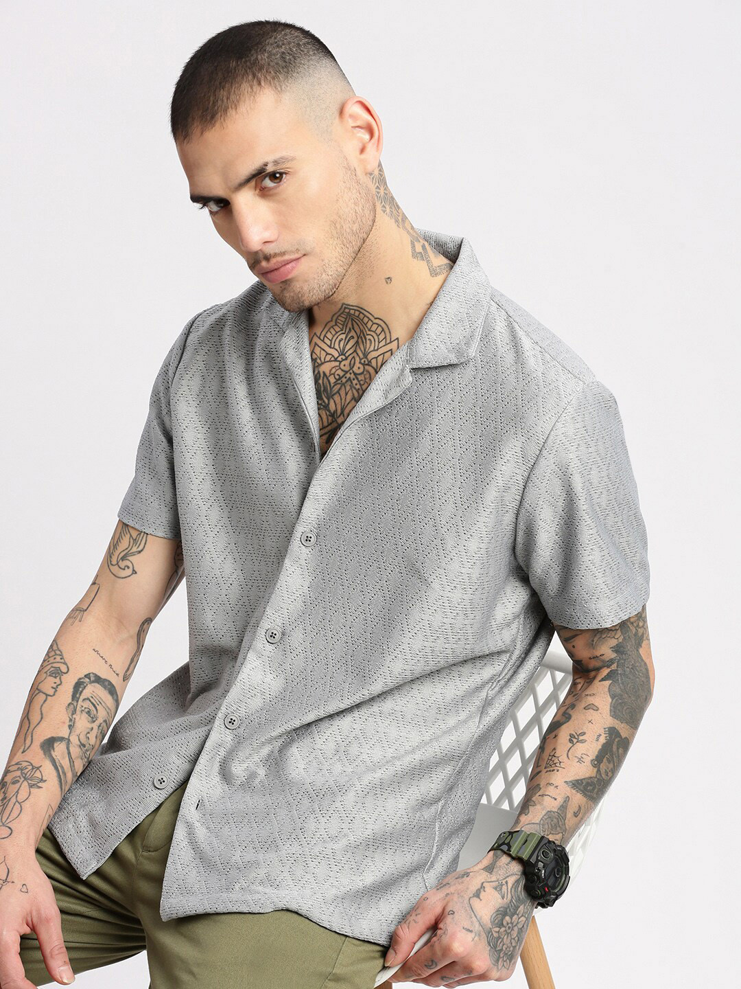 SHOWOFF Standard Relaxed Fit Cuban Collar Cotton Casual Crochet Shirt