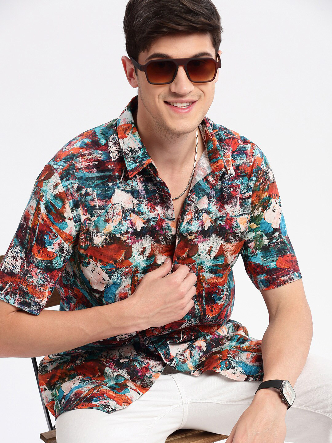 SHOWOFFFF Smart Slim Fit Abstract Printed Twill Weave Cotton Casual Shirt