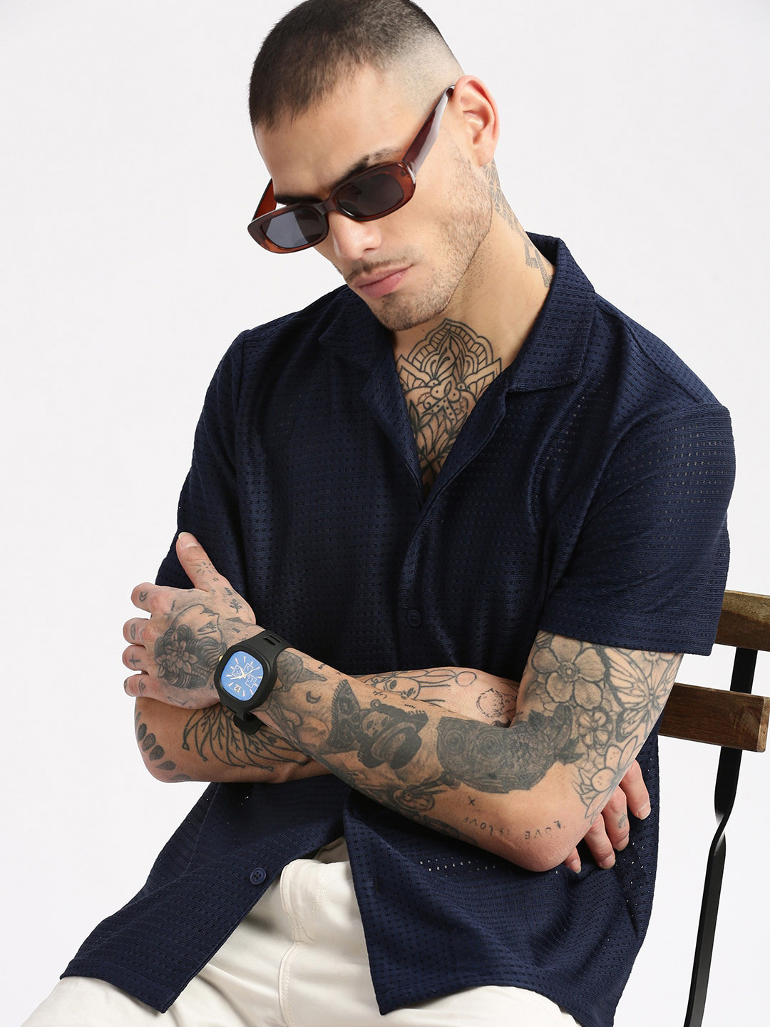 SHOWOFF Standard Relaxed Fit Self Design Cuban Collar Sheer Cotton Casual Crochet Shirt