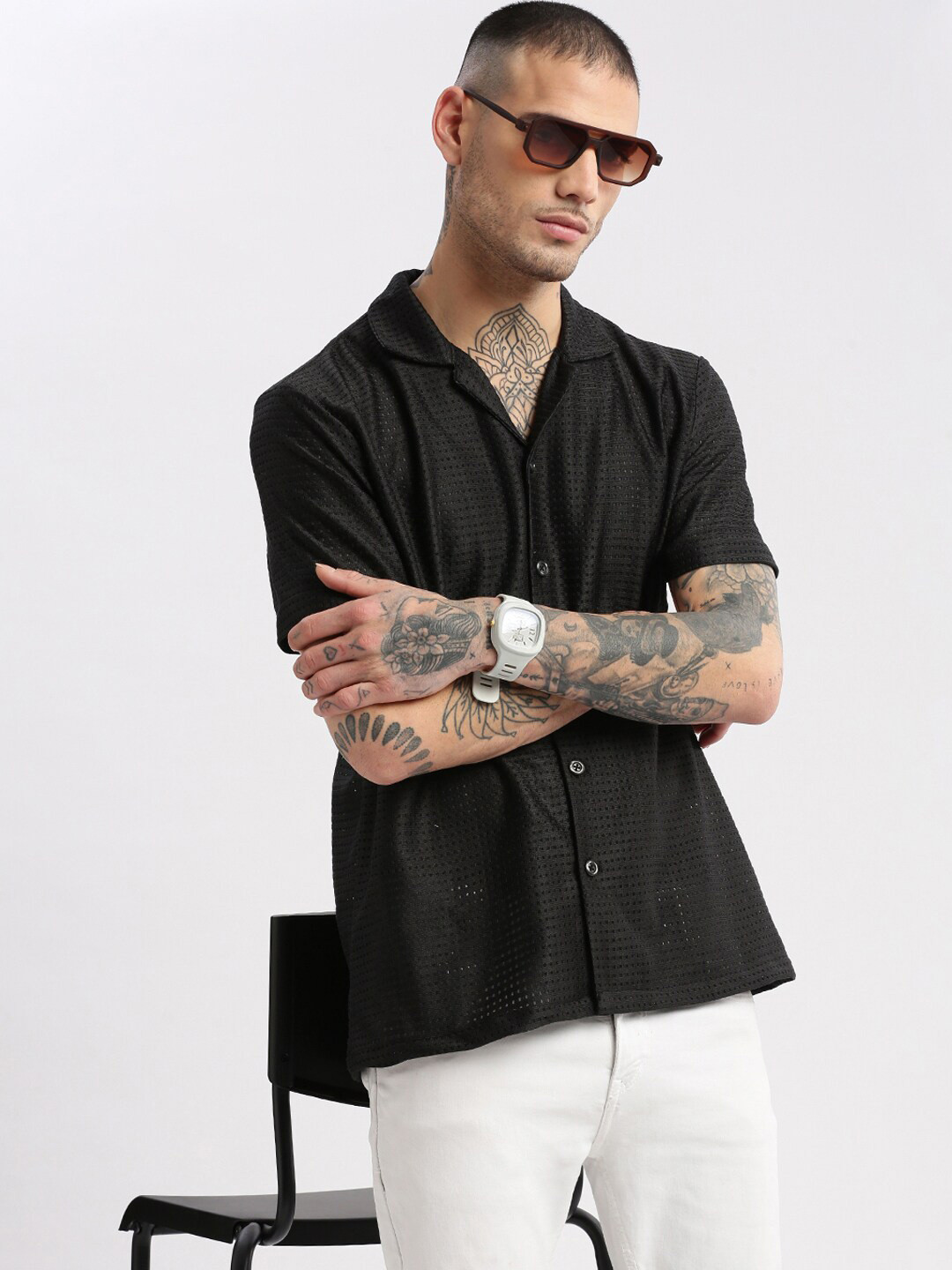 SHOWOFFFF Premium Relaxed Fit Semi Sheer Cuban Collar Textured Cotton Shirt