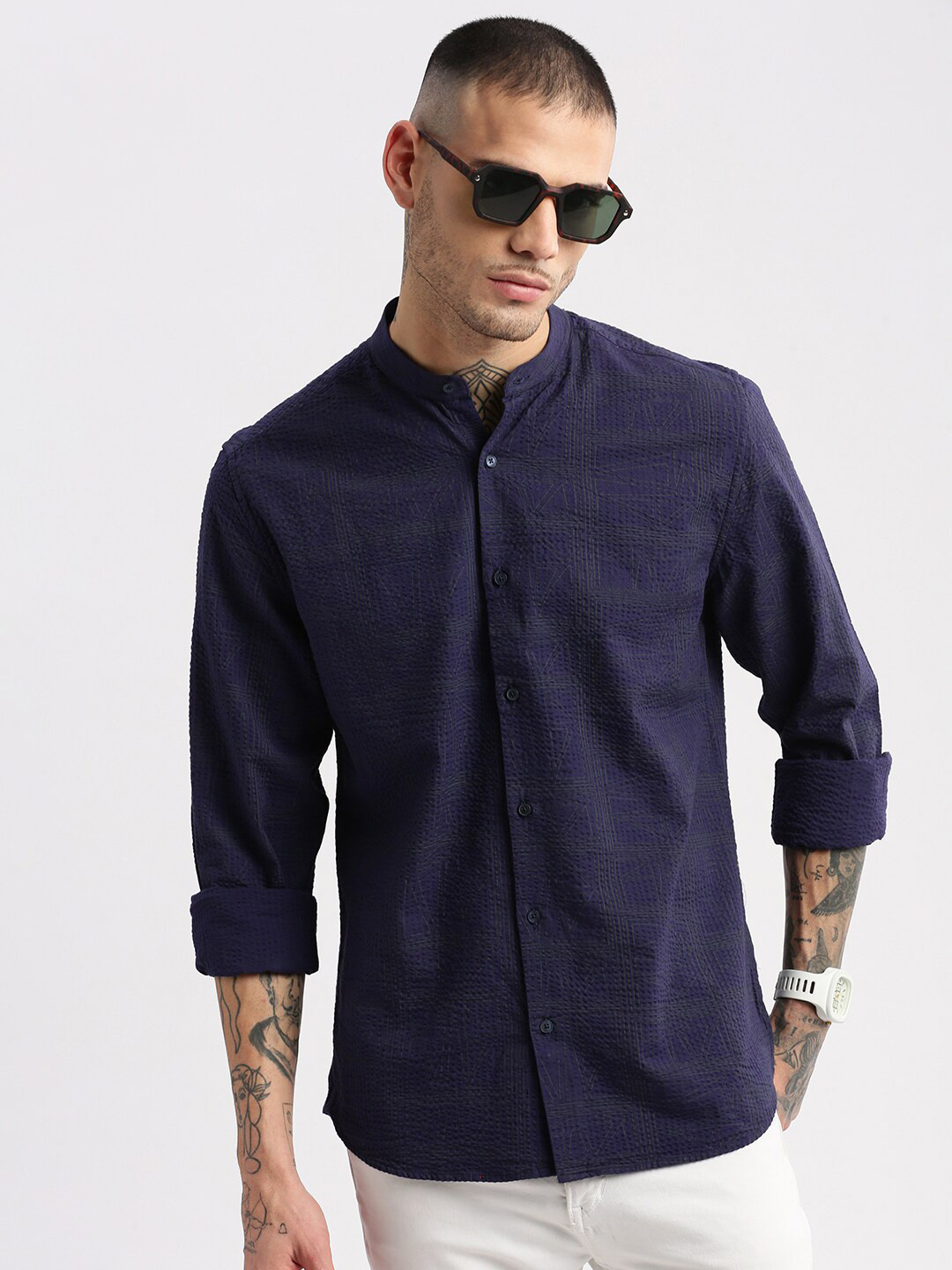 SHOWOFF Premium Slim Fit Geometric Self Design Band Collar Seersucker Cotton Casual Shirt
