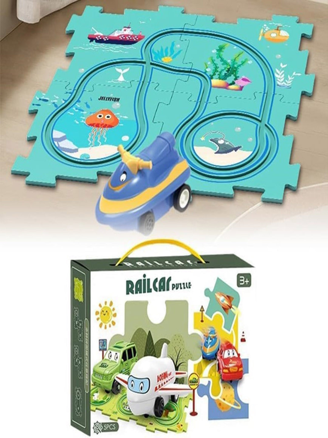 OPINA Kids Ocean theme Rail Car Puzzle Race Track