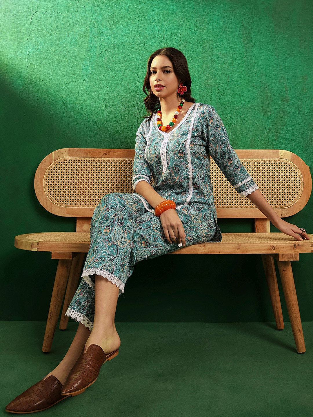 Sangria Sea Green Paisley Printed Tunic With Trousers