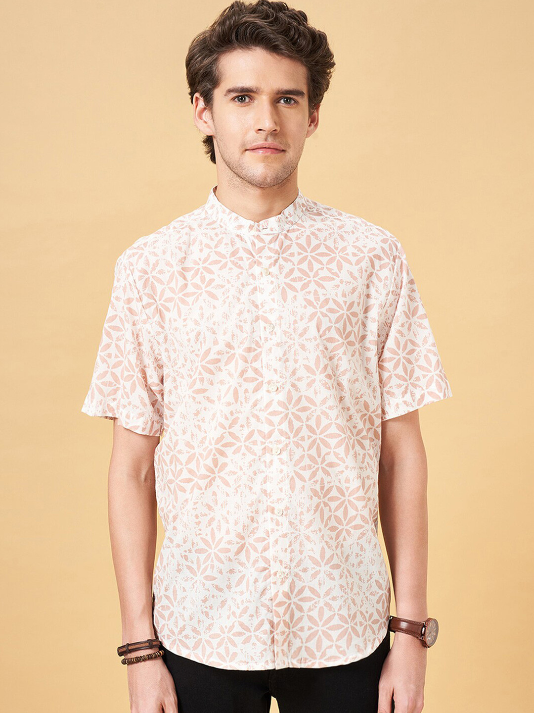 indus route by Pantaloons Floral Printed Mandarin Collar Short Sleeves Cotton Casual Shirt