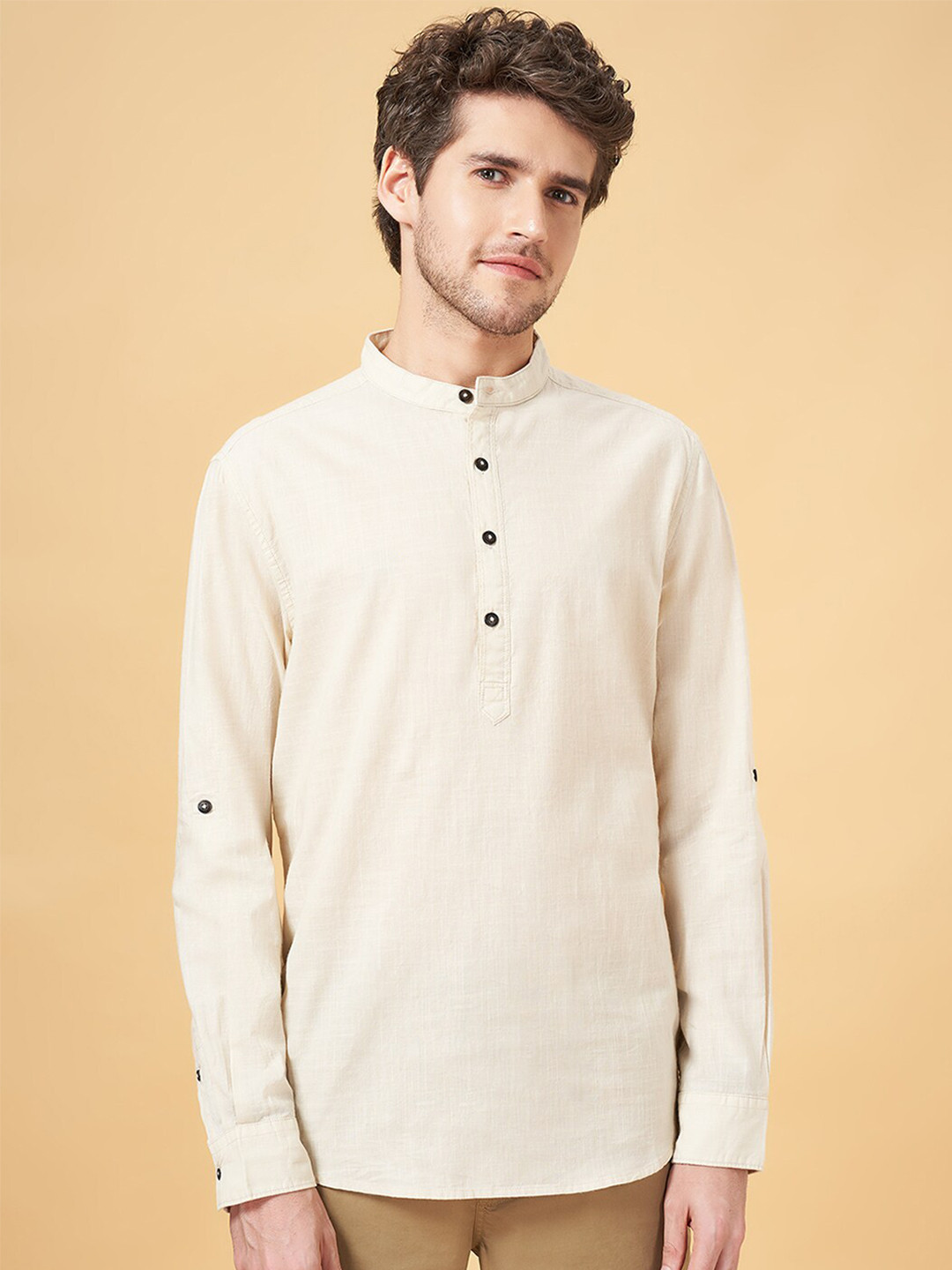 Urban Ranger by pantaloons Slim Fit Mandarin Collar Roll-Up Sleeves Pure Cotton Shirt