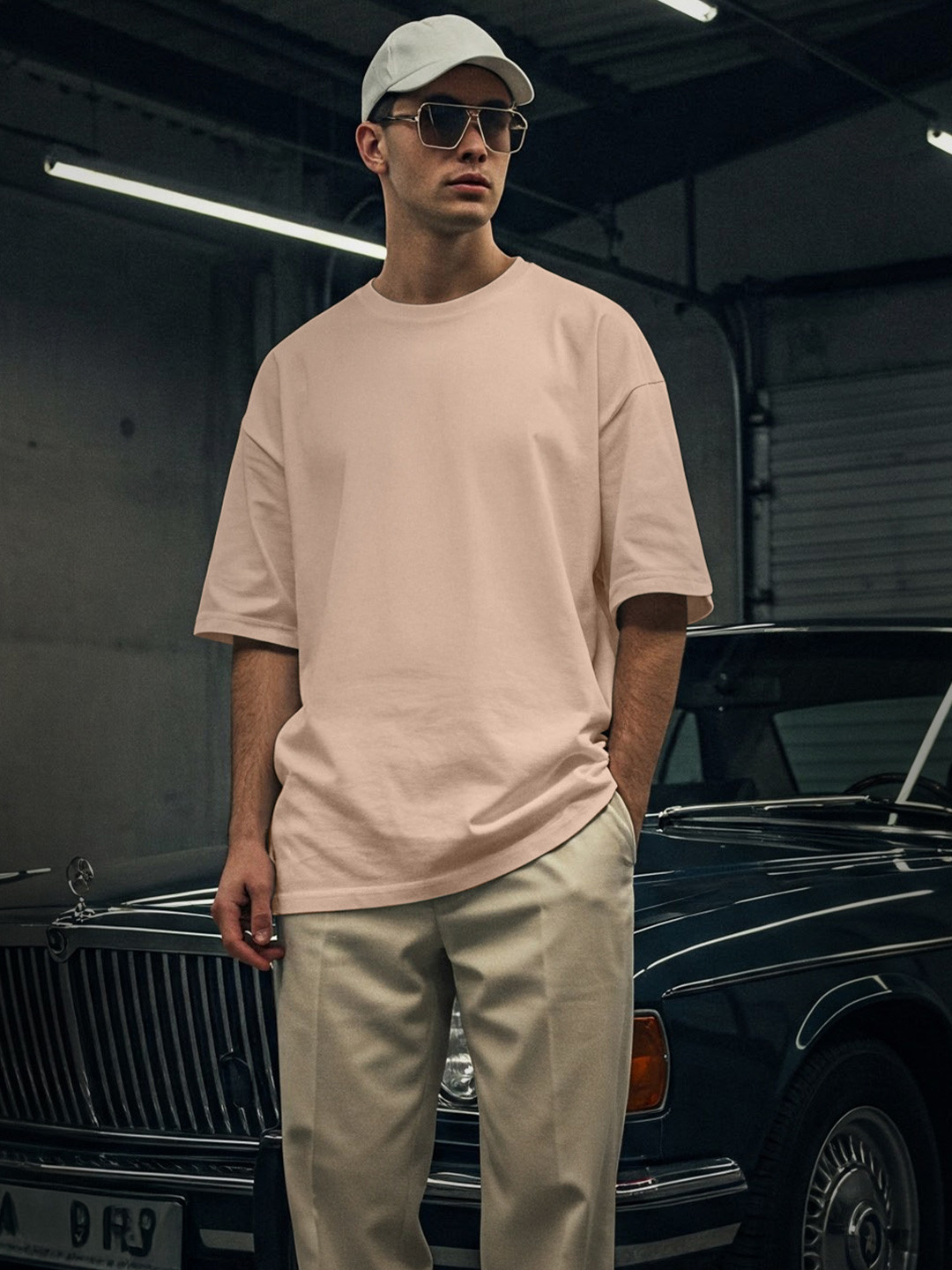 VEIRDO Beige Drop-Shoulder Sleeves Pure Cotton Oversized T-shirt