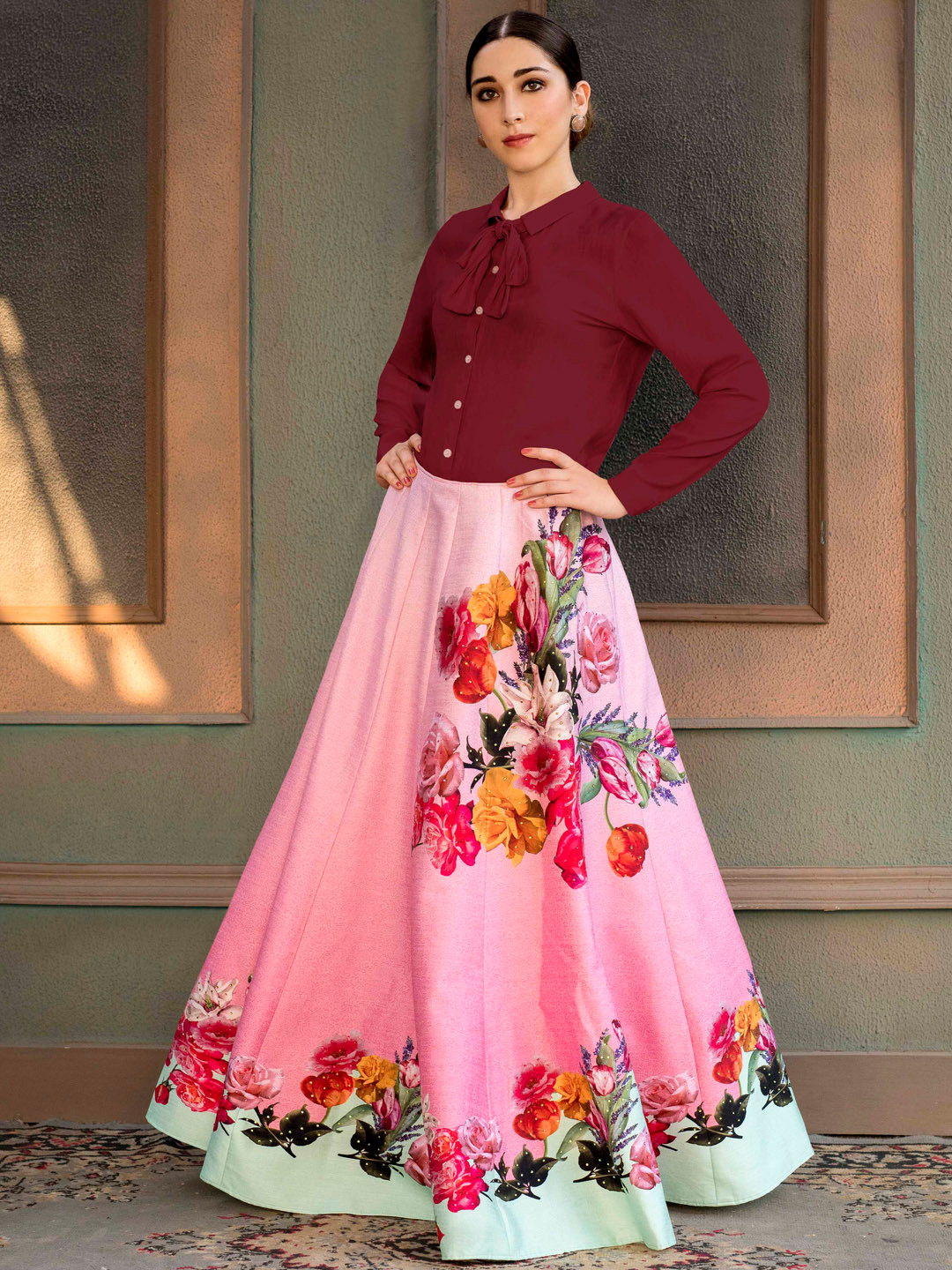 SAPTRANGI Floral Printed Silk High-Rise Flared Maxi Skirt