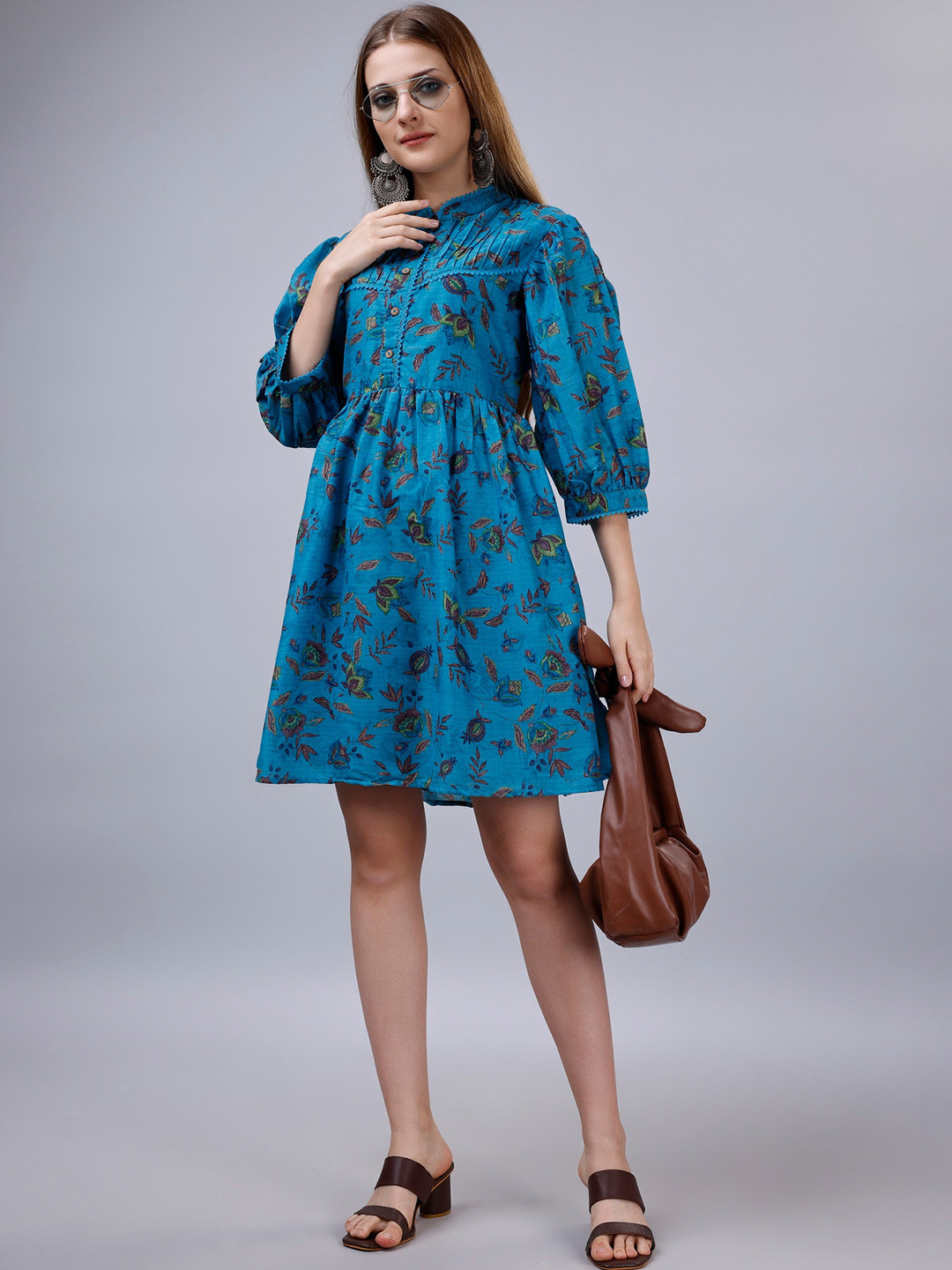 Sitanjali Floral Print Round Neck Puff Sleeve Cotton Fit & Flare Dress