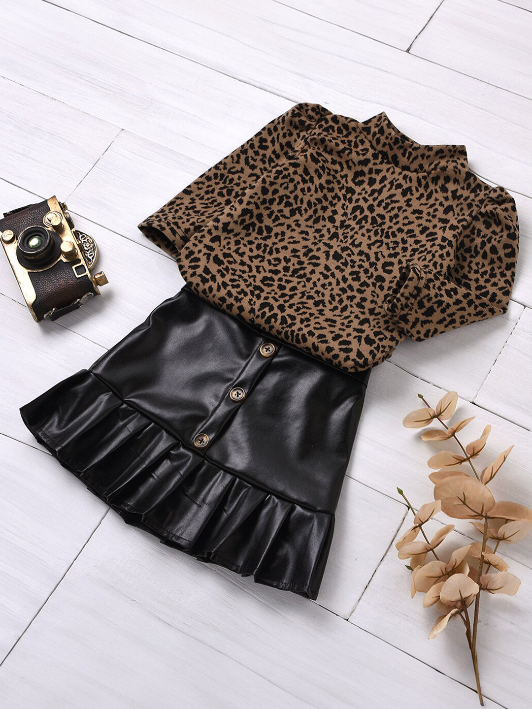 StyleCast Girls Brown Printed High Neck Top with Skirt