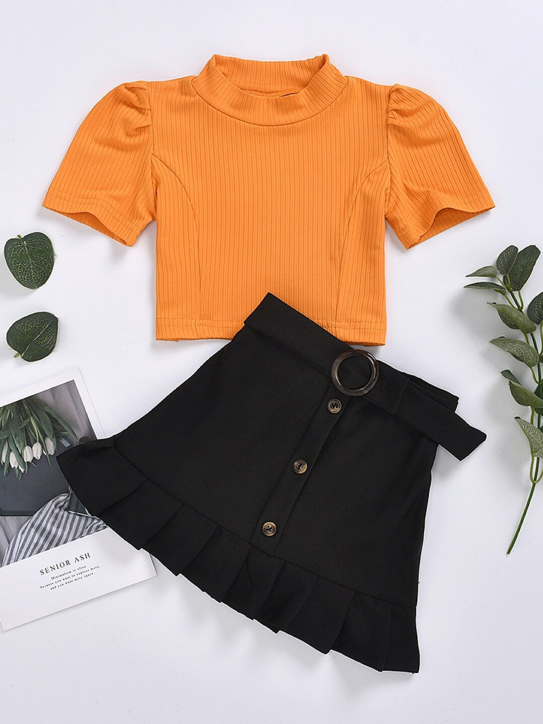 StyleCast Girls Orange & Black Ribbed Top with Skirt