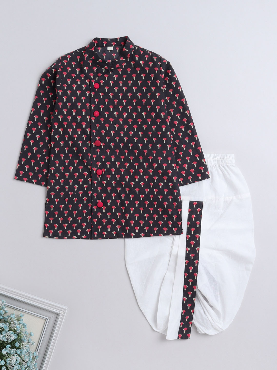 The Magic Wand Boys Floral Printed Mandarin Collar Cotton Angrakha Kurta & Dhoti Pants