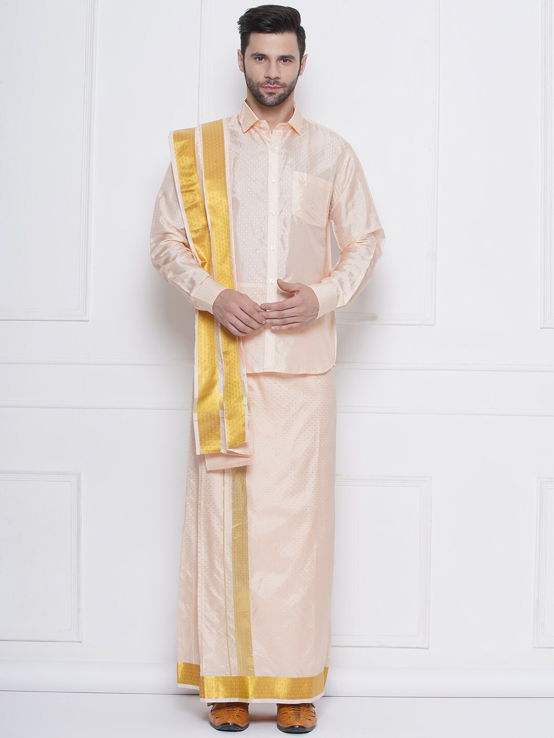 Sethukrishna Self Design Long Sleeves Shirt With Veshti And Angavastram