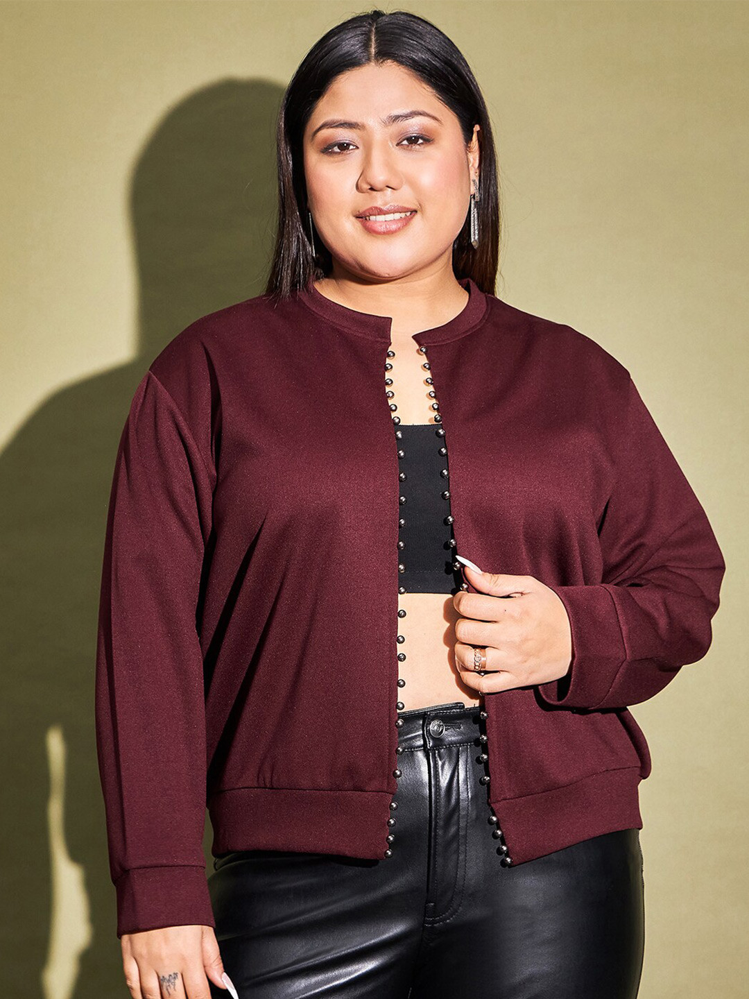 CURVE BY KASSUALLY Maroon Plus Size Embellished Beaded Open Front Shrug