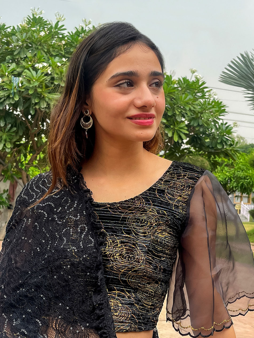 Bindigasm's Advi Embellished Bell Sleeves Stretchable Velvet Saree Blouse