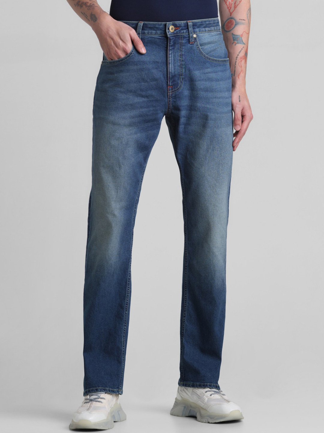 Jack & Jones Men Straight Fit High-Rise Heavy Fade Stretchable Jeans