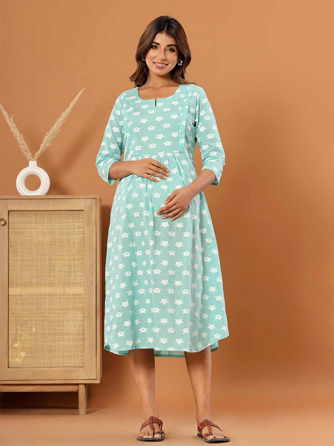 LALI JAIPUR Polka Dot Printed Cotton Maternity A-Line Midi Dress