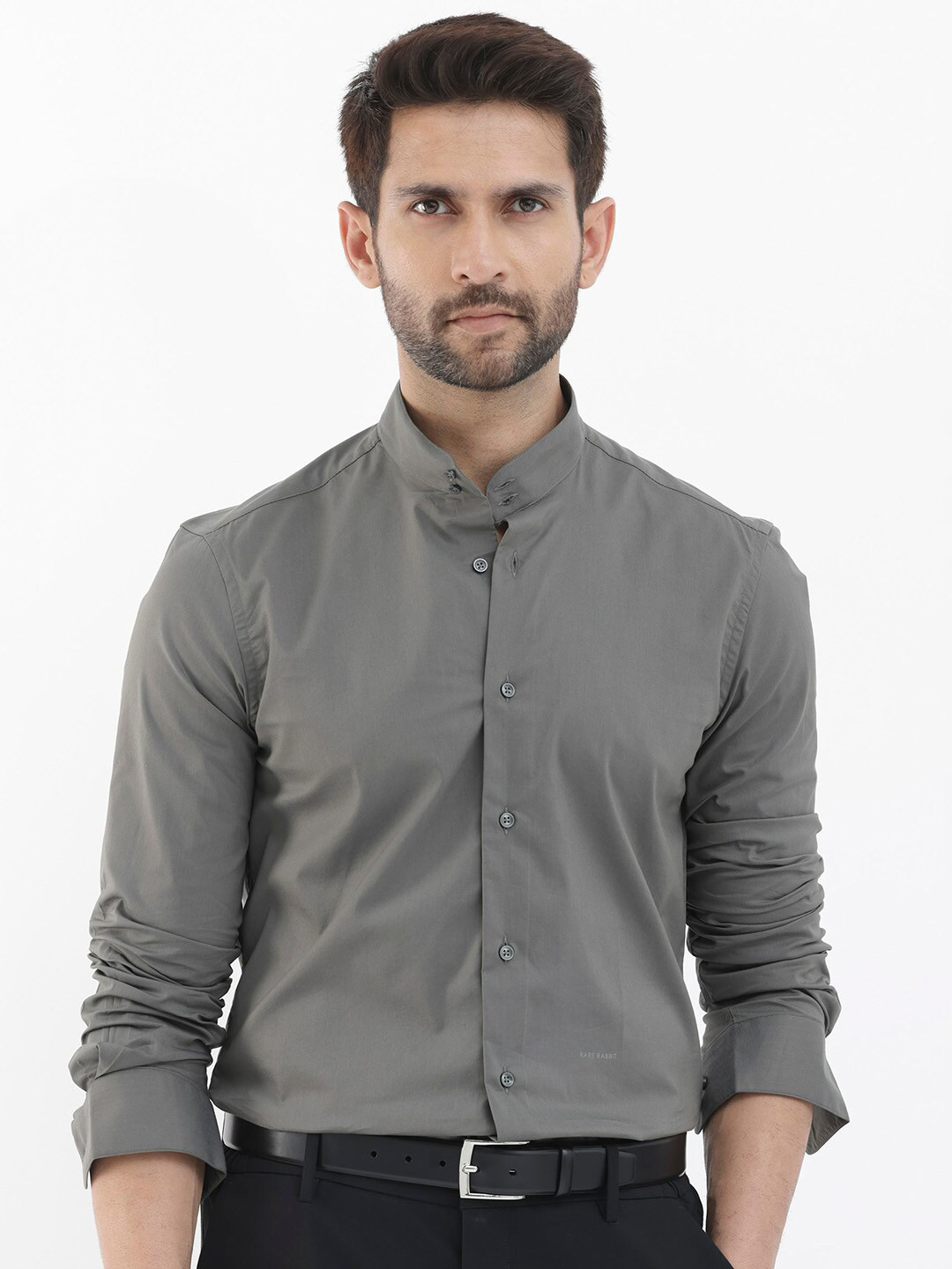 RARE RABBIT Men Cox-3 Band Collar Slim Fit Cotton Shirt