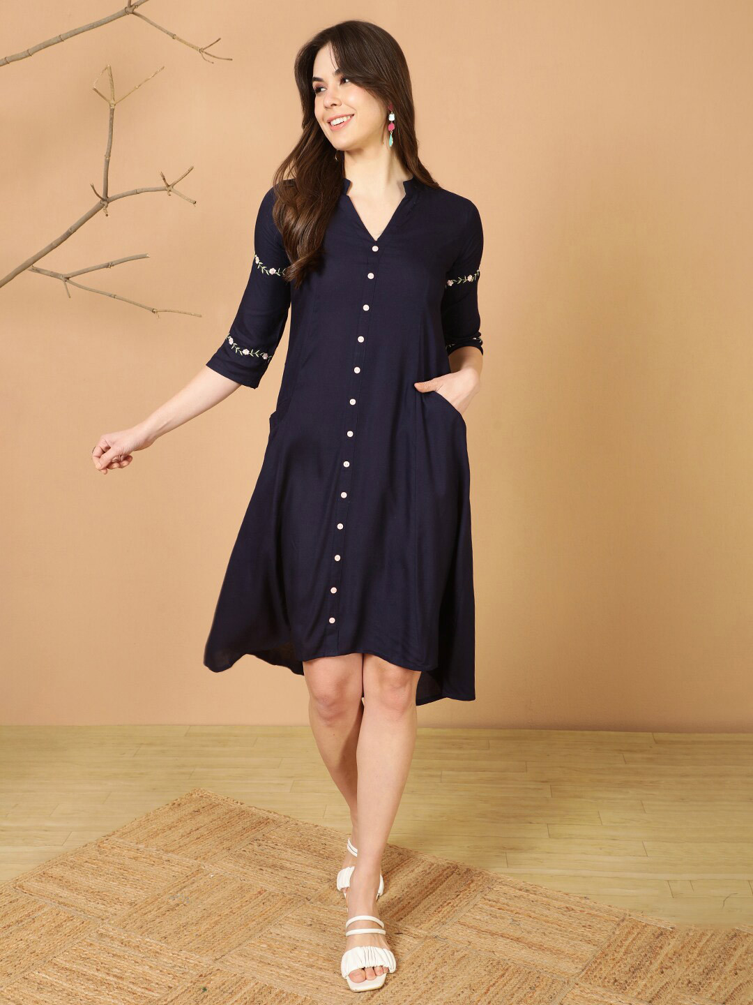 antaran Mandarin Collar Floral Embroidered A-Line Dress