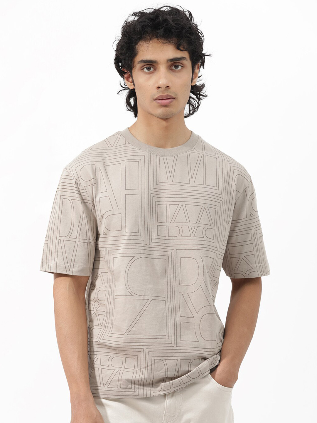 RARE RABBIT Men Hagrid Oversized Geometric Printed Cotton T-Shirt