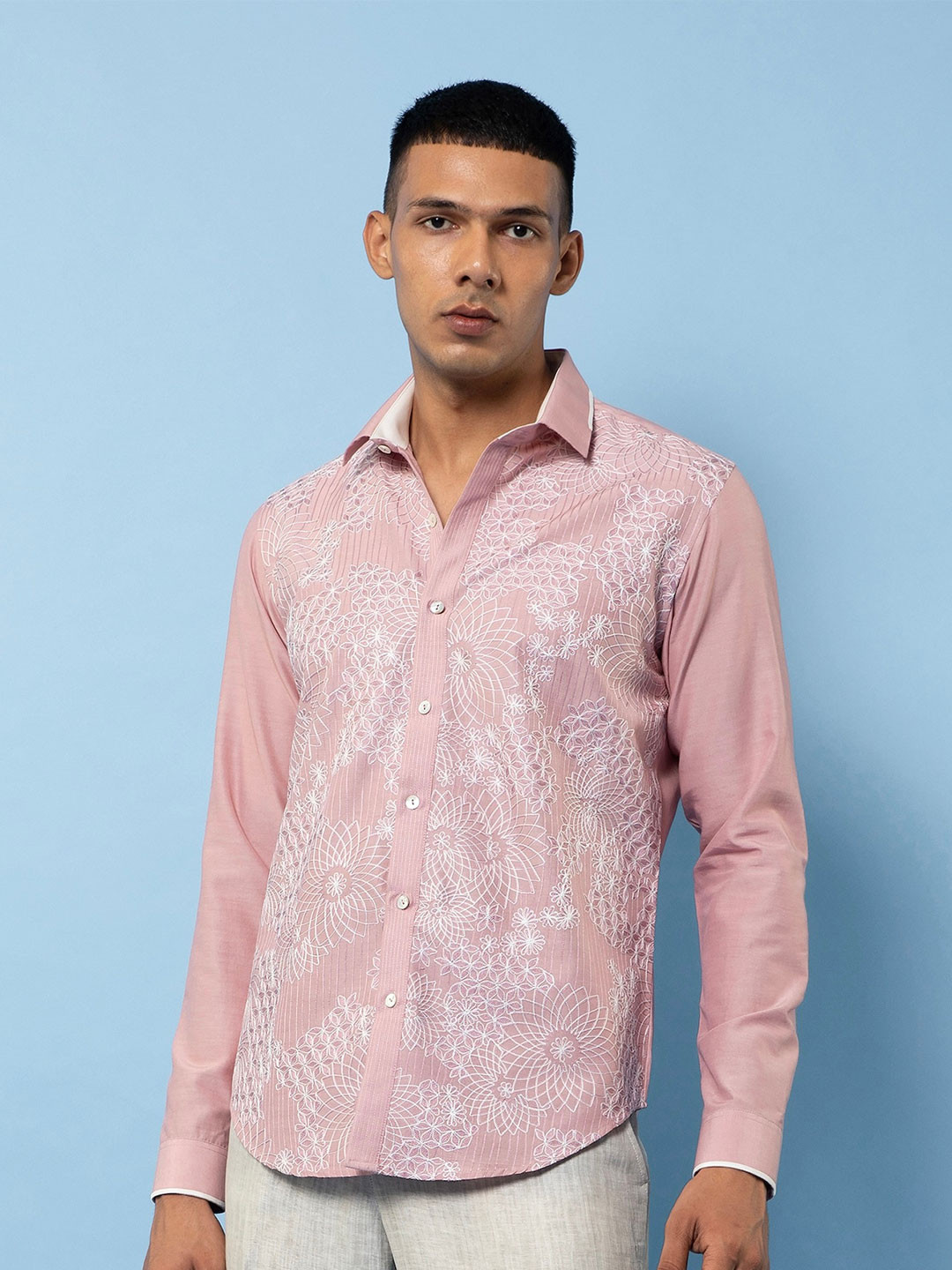 Rohit Gandhi + Rahul Khanna Comfort Floral Ethnic Motifs Embroidered Cotton Casual Shirt
