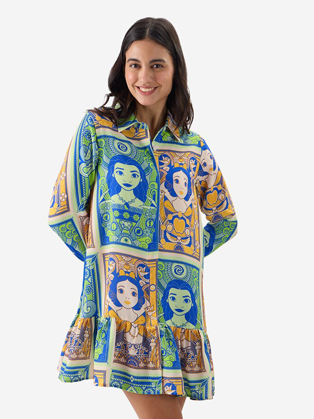 The Souled Store Green Disney Printed Shirt Collar Drop-Waist Dress