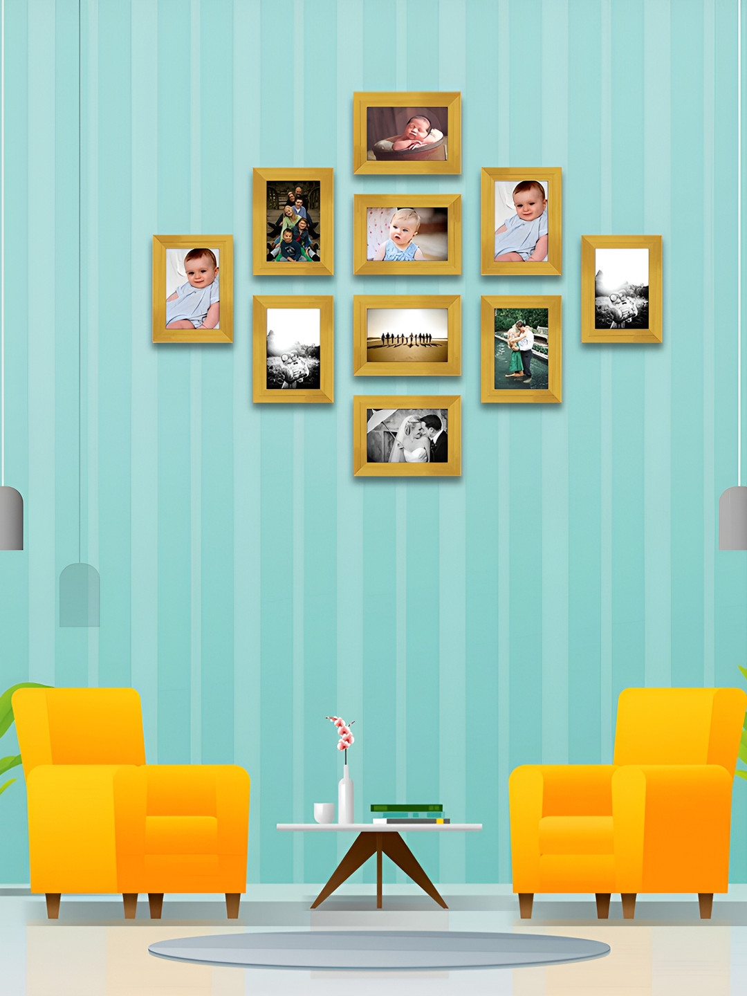 ArtzFolio Gold Toned 10 Pieces Wooden Wall Photo Frames