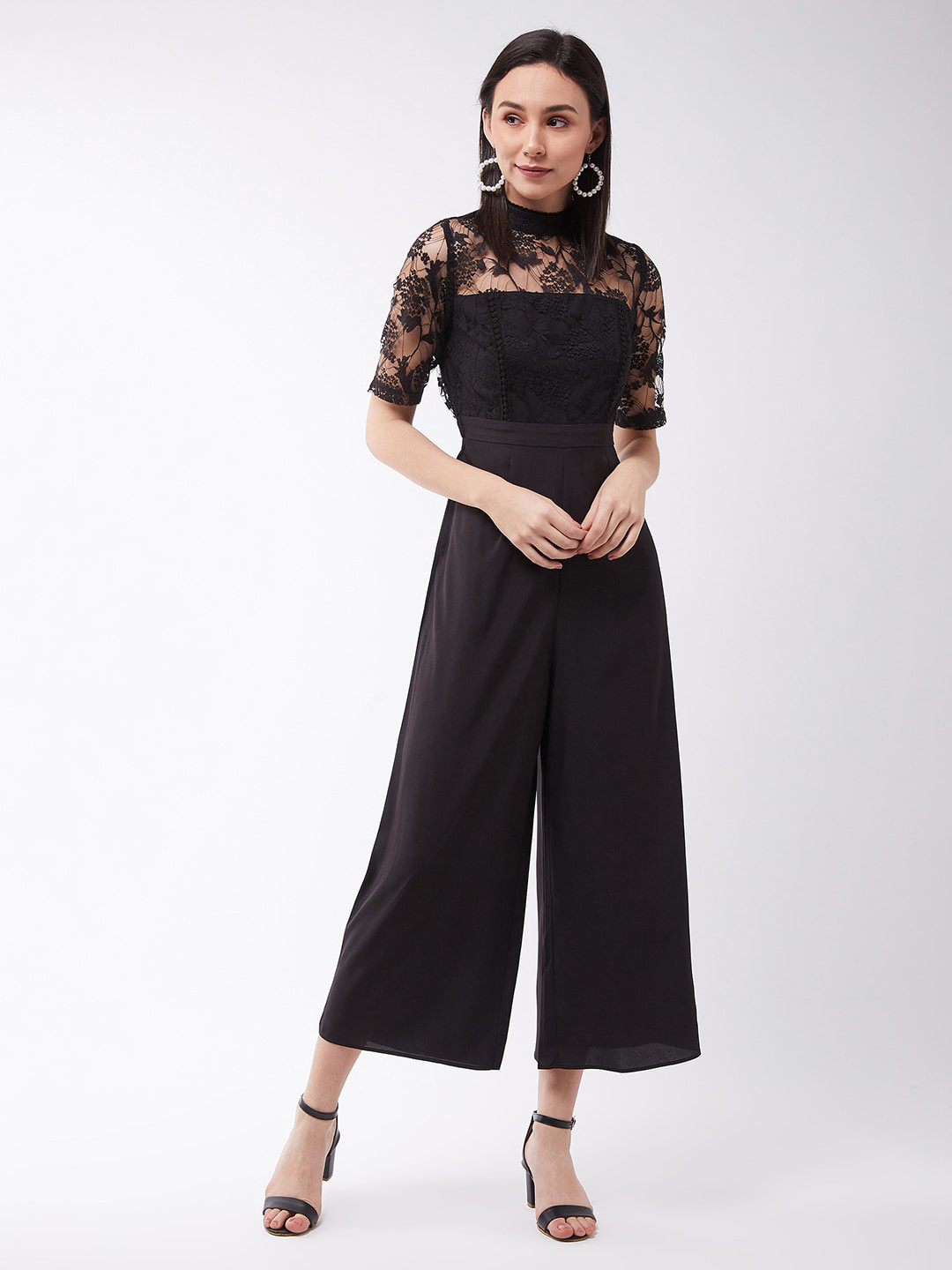 DressBerry Black Round Neck Crepe Lace Dress